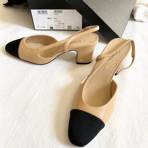 NWB CHANEL Interlocking TWO tone black beige Leather Slingback Pump 36.5 heels 6 - Picture 1 of 8